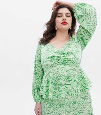 Curves Green Zebra Print Satin Peplum Top