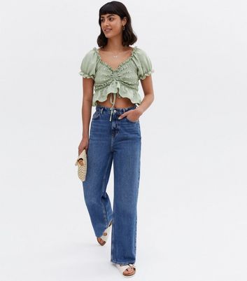 Click to view product details and reviews for Pink Vanilla Light Green Ruched Puff Sleeve Crop Top New Look.