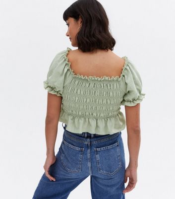 Damen Bekleidung Pink Vanilla Light Green Ruched Puff Sleeve Crop Top Damen Bekleidung Pink Vanilla Light Green Ruched Puff Sleeve Crop Top