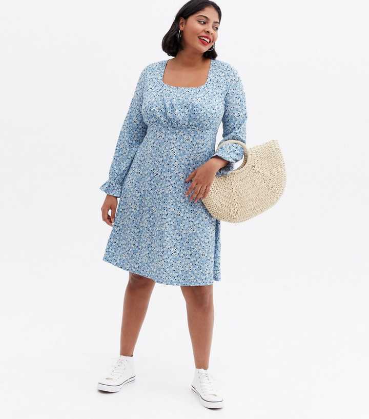 Curves Blue Ditsy Floral Square Neck Mini Dress