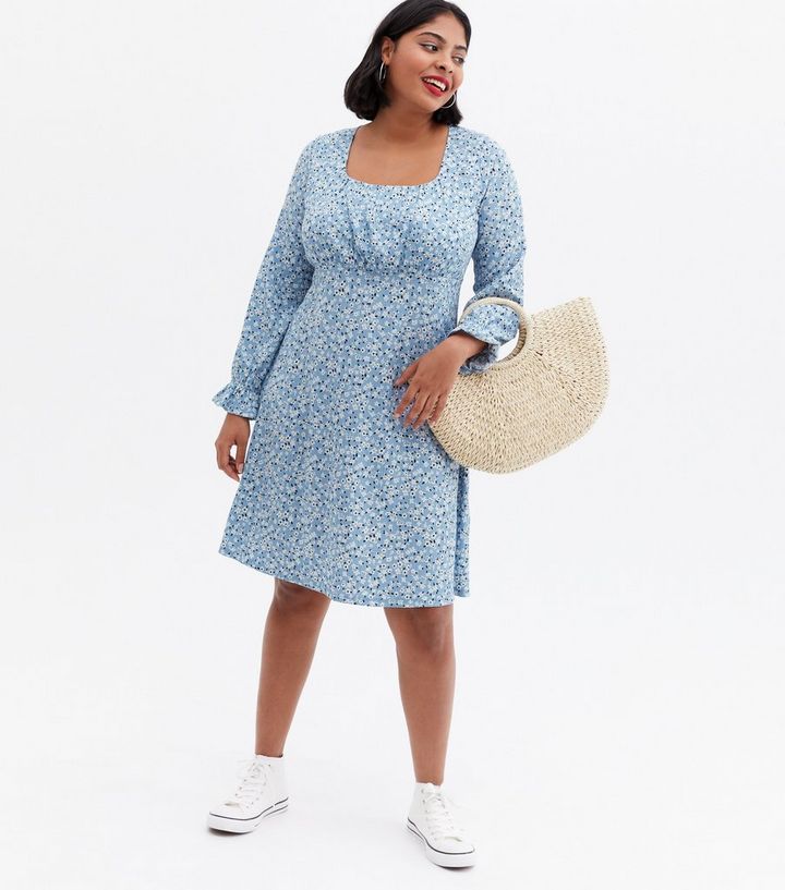 Curves Blue Ditsy Floral Square Neck Mini Dress
