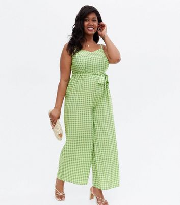 Curves Green Gingham Crepe Wide Leg Belted Jumpsuit New Look