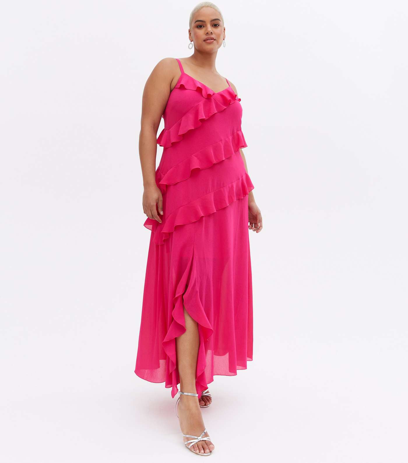 Curves Bright Pink Chiffon Ruffle Maxi Dress Image 2