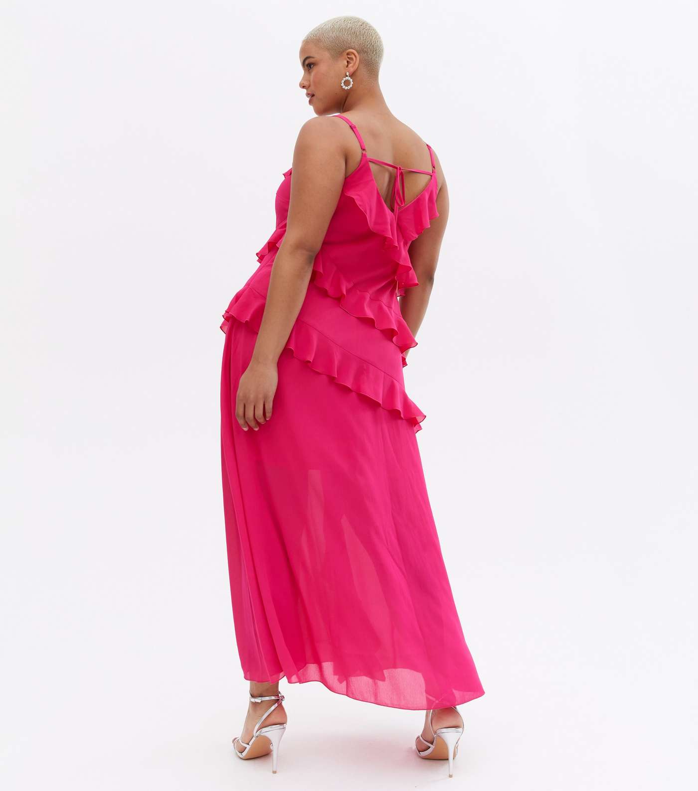 Curves Bright Pink Chiffon Ruffle Maxi Dress Image 4