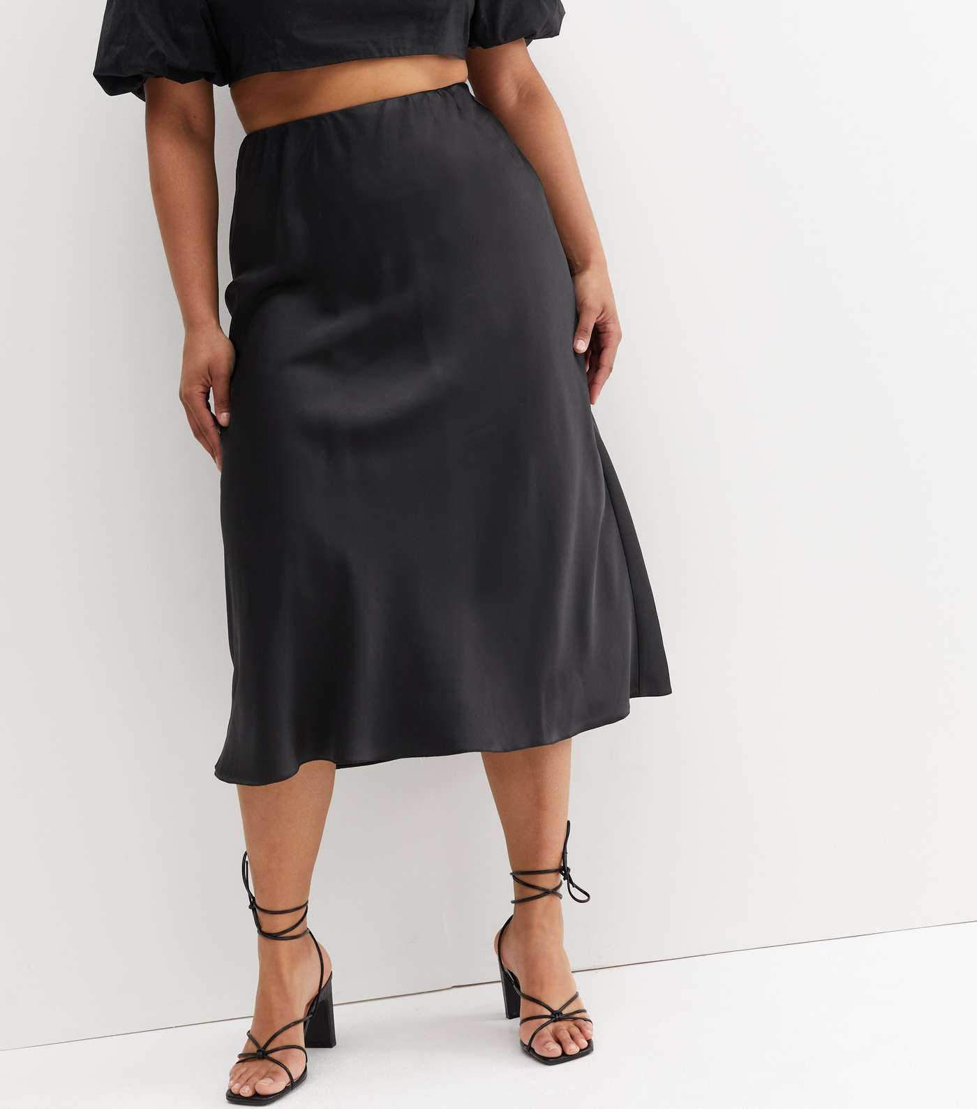 Curves Black Satin Bias Cut Midi Skirt Image 2