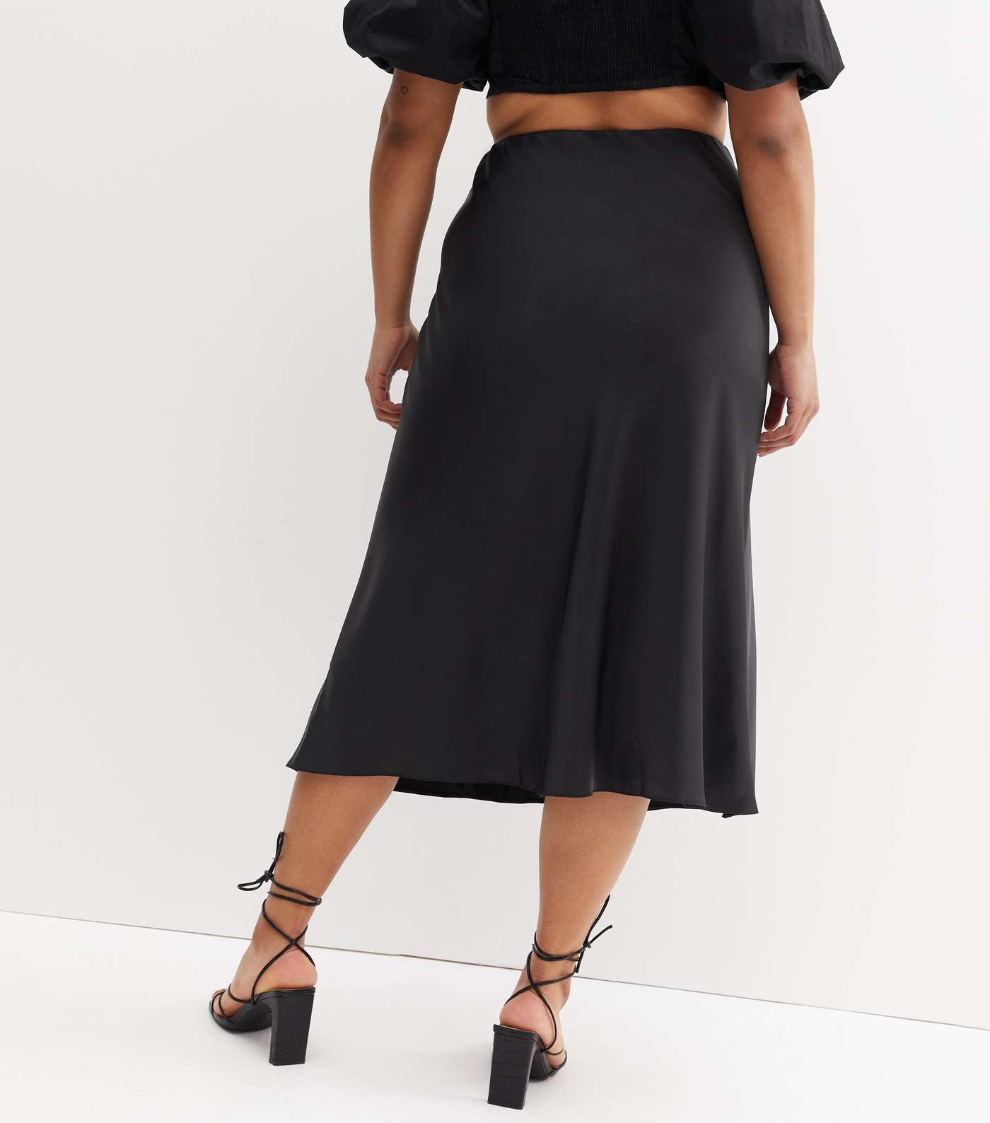 Curves Black Satin Bias Cut Midi Skirt Image 4