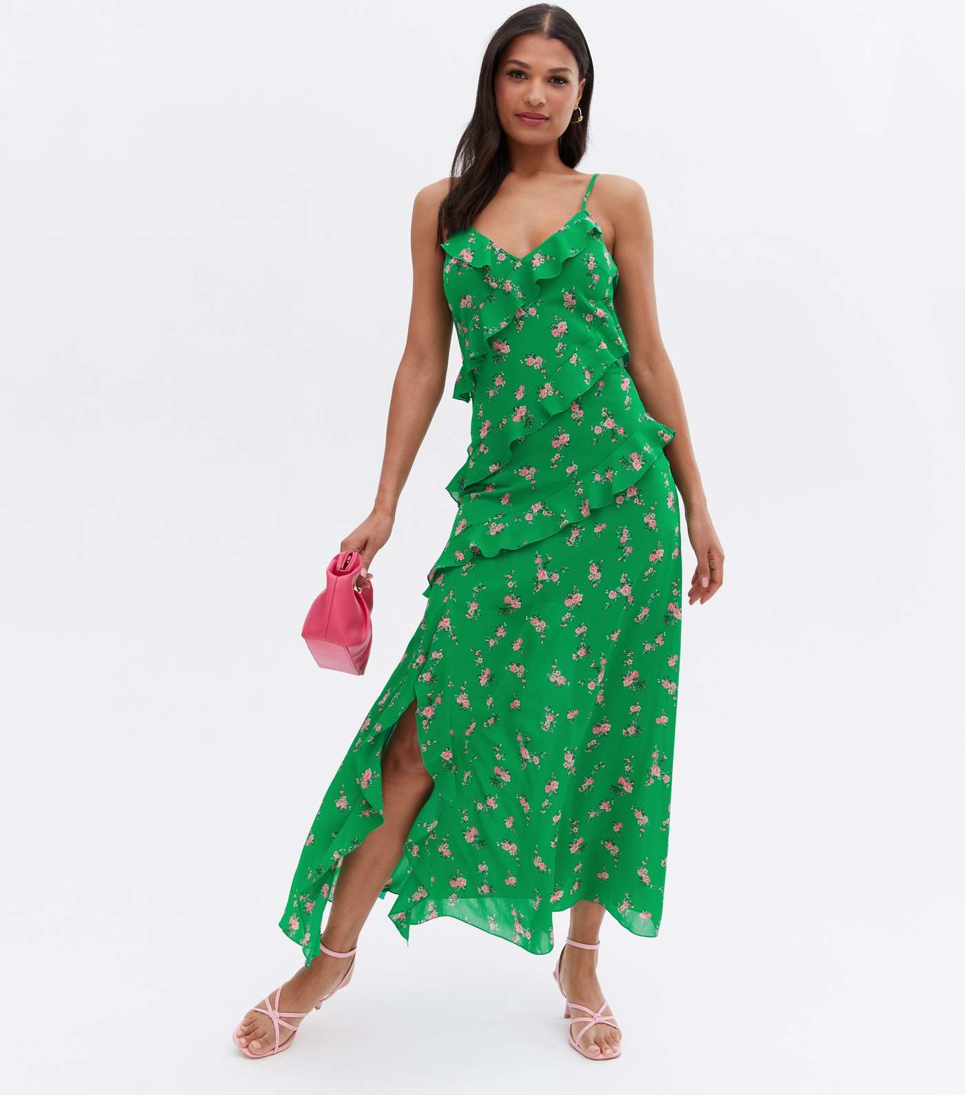Green Rose Chiffon Ruffle Midi Dress