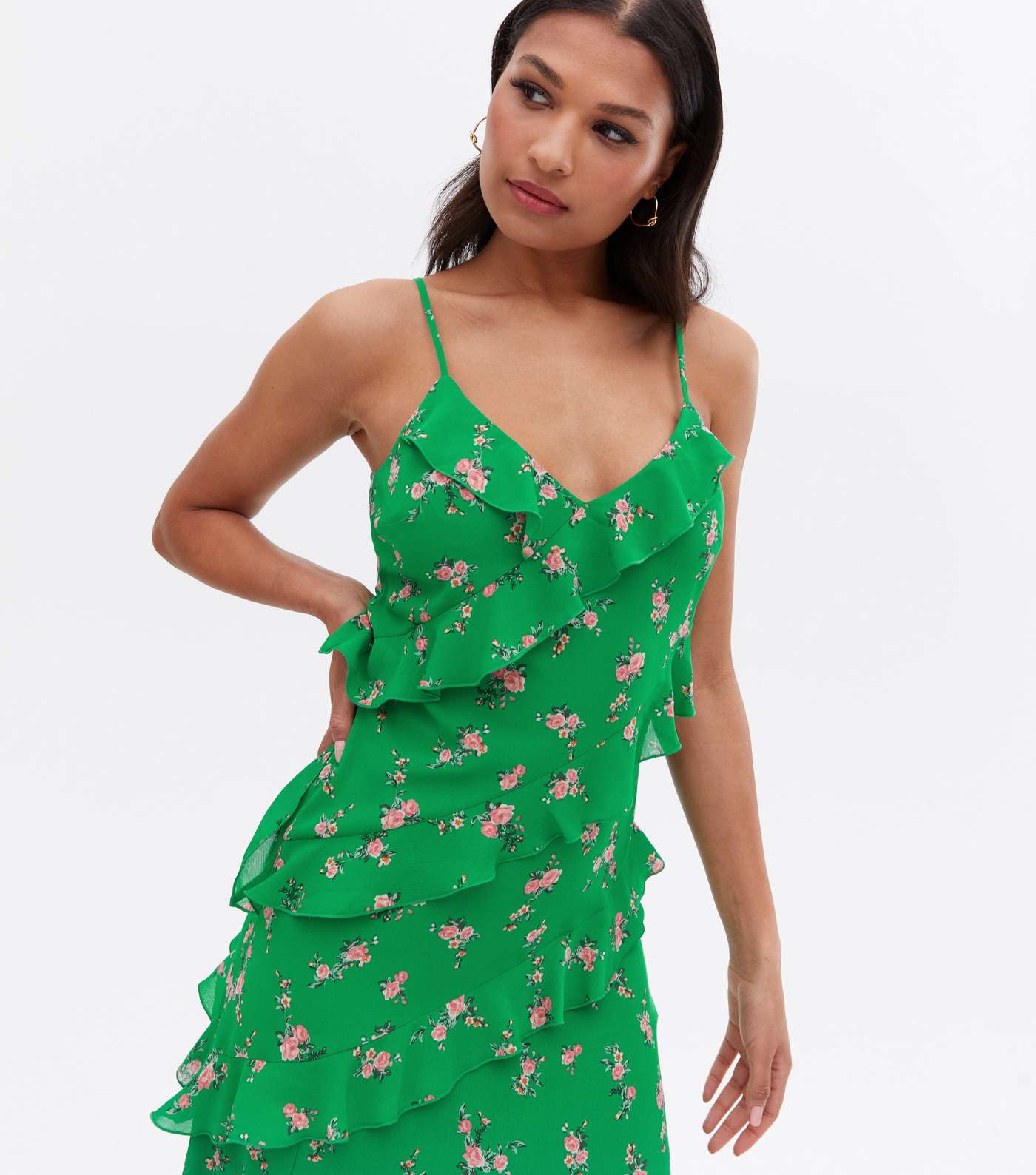Green Rose Chiffon Ruffle Midi Dress Image 3