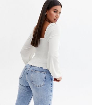 square neck long sleeve white top