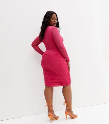 Curves Pink Mesh Ruched Square Neck Bodycon Dress | New Look