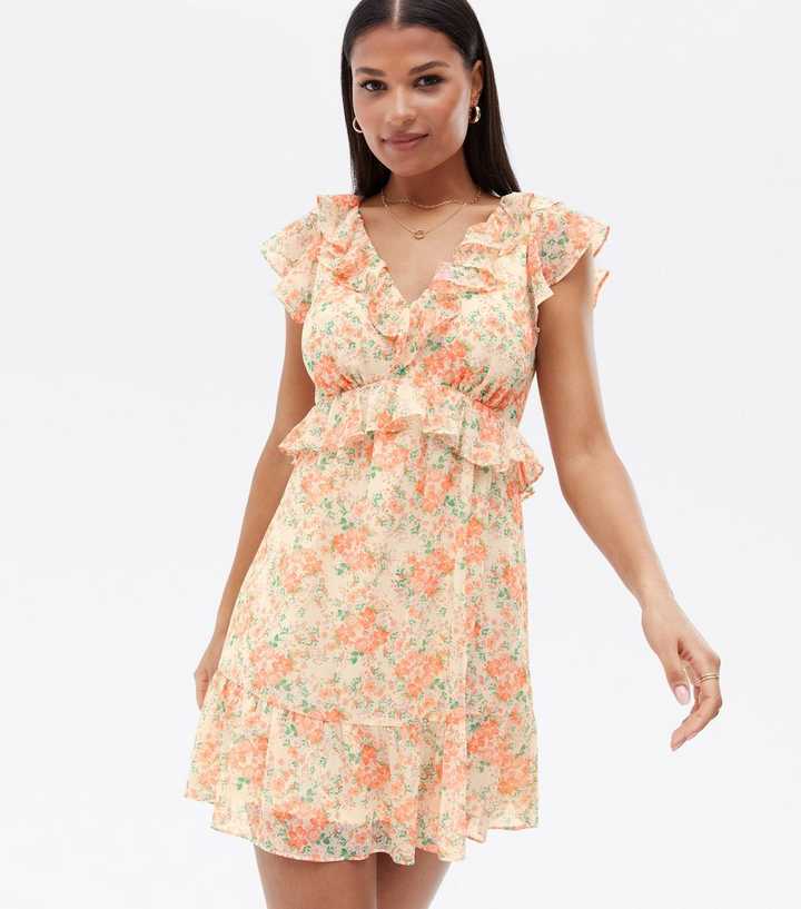 Cream Ditsy Floral Tie Open Back Frill Mini Dress | New Look