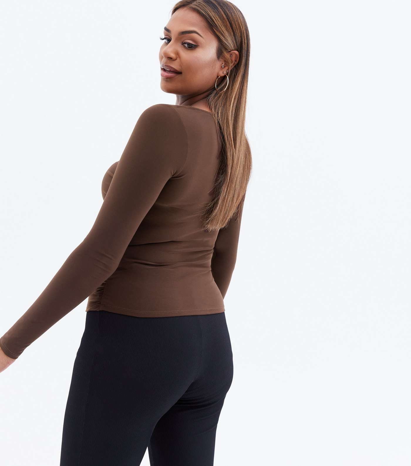 Dark Brown Ruched Front Bar Long Sleeve Top Image 4