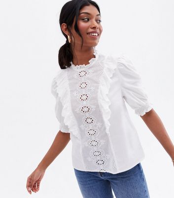 White Broderie Frill Puff Sleeve Blouse 