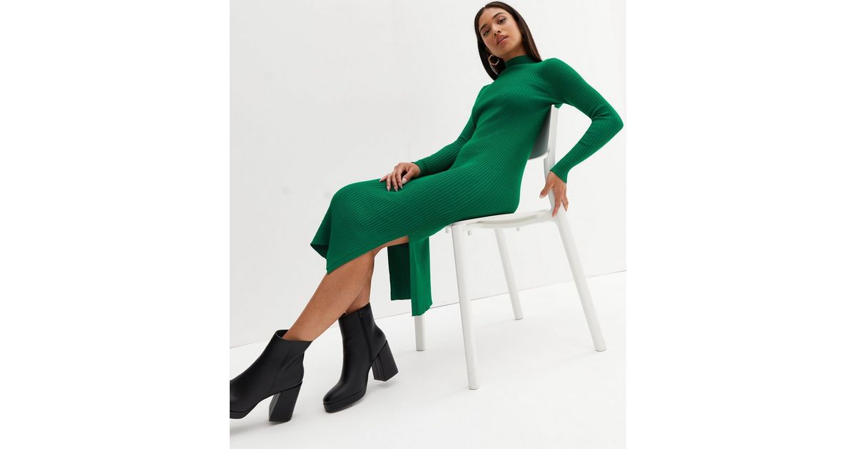 Black Ribbed Knit Long Sleeve Bodycon Midi Dress