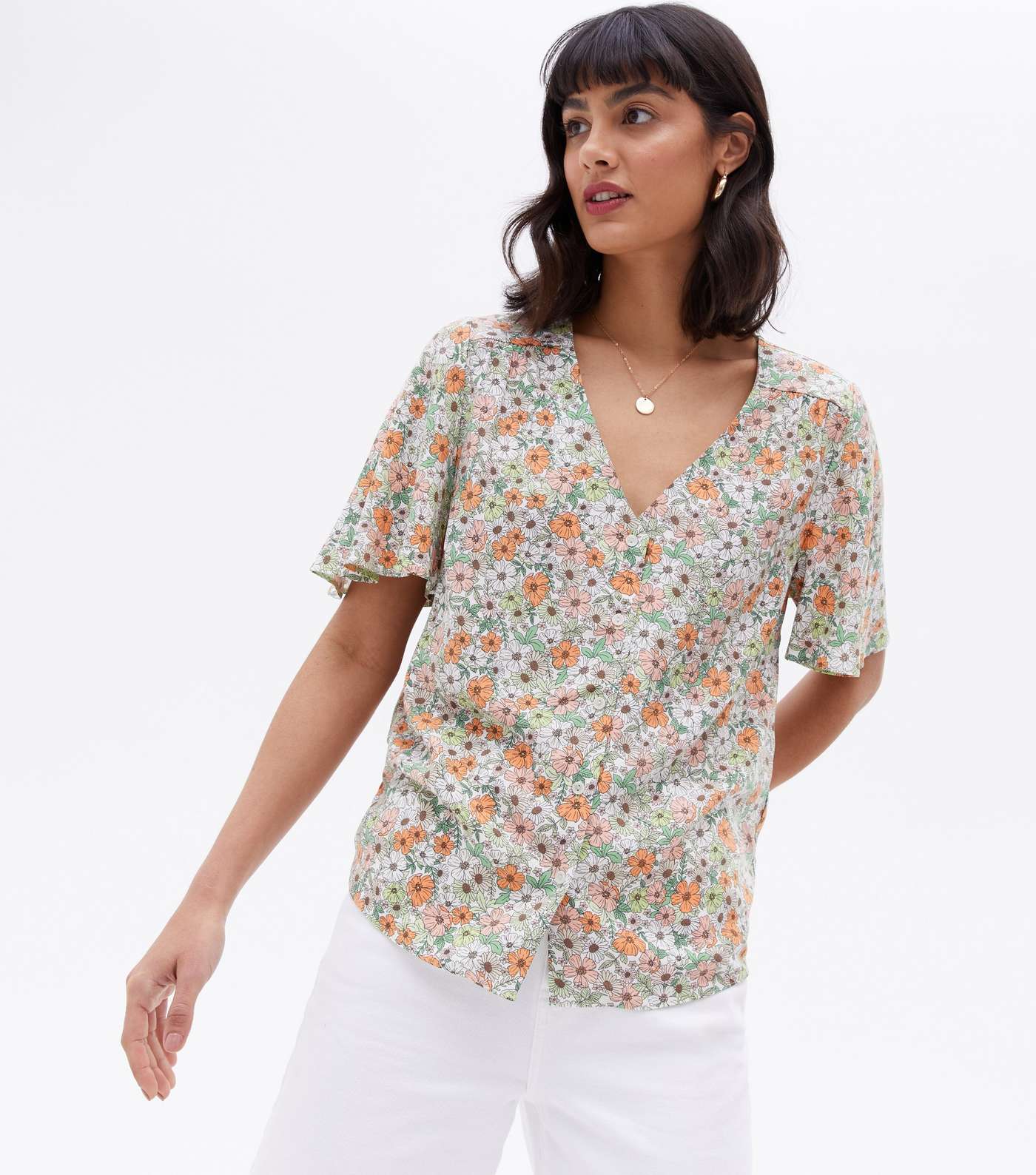 Off White Floral Button Front Blouse Image 2