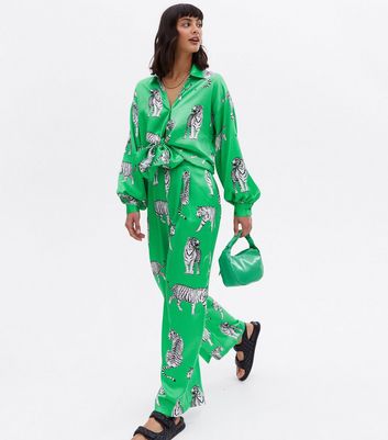 Green Tiger Print Satin Tie Front Shirt 