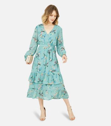 Yumi Turquoise Bird Print Chiffon Frill Midi Wrap Dress New Look