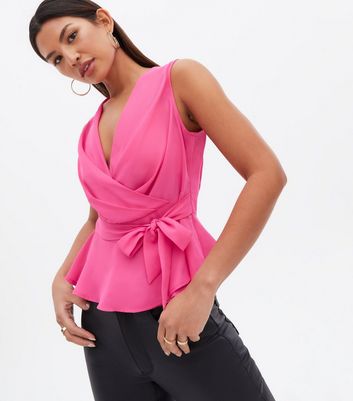 Bright Pink Sleeveless Wrap Peplum Blouse New Look