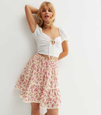 Off White Floral Lace Trim Tiered Mini Skirt