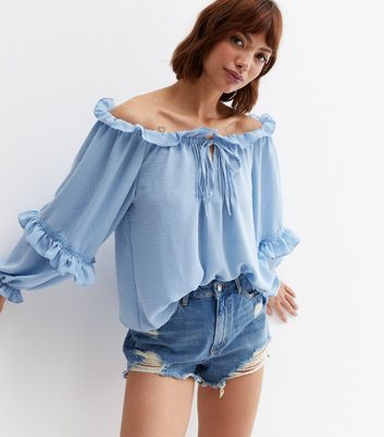 Pale Blue Frill Puff Sleeve Bardot Top | New Look