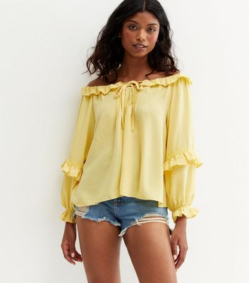 Pale Yellow Frill Puff Sleeve Bardot Top | New Look