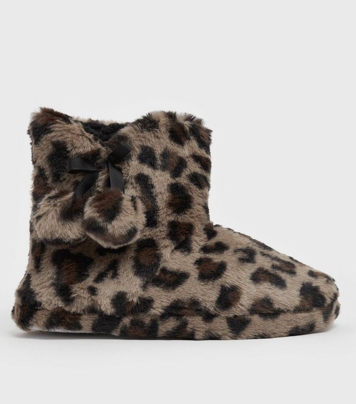 Stone Leopard Print Faux Fur Pom Pom Slipper Boots | New Look
