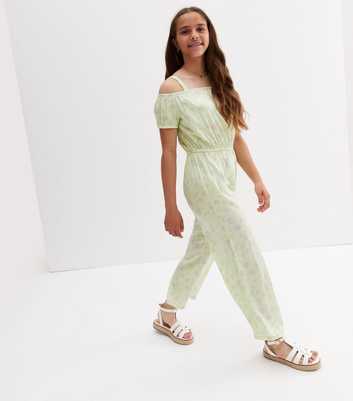 Girls Light Green Floral Cold Shoulder Square Neck Jumpsuit