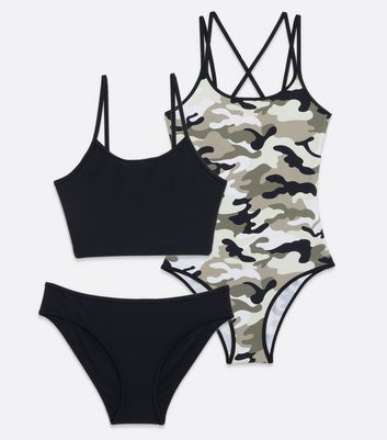 Teenager Bekleidung für Mädchen Girls 2 Pack Black Bikini and Camo Swimsuit