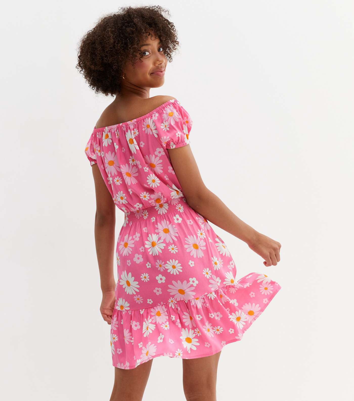Girls Pink Daisy Crepe Bardot Dress Image 4
