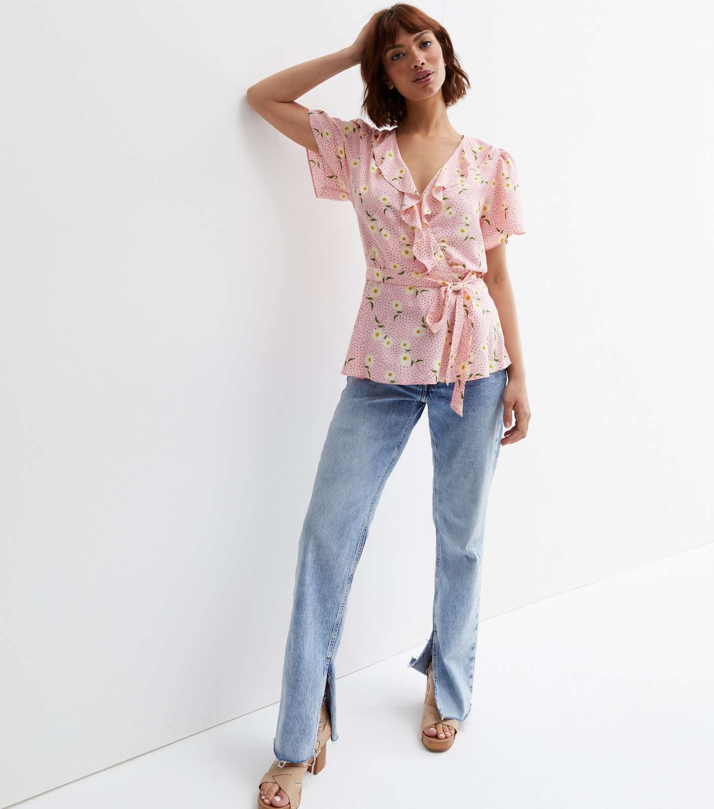 Pink Daisy Frill Wrap Blouse Image 2