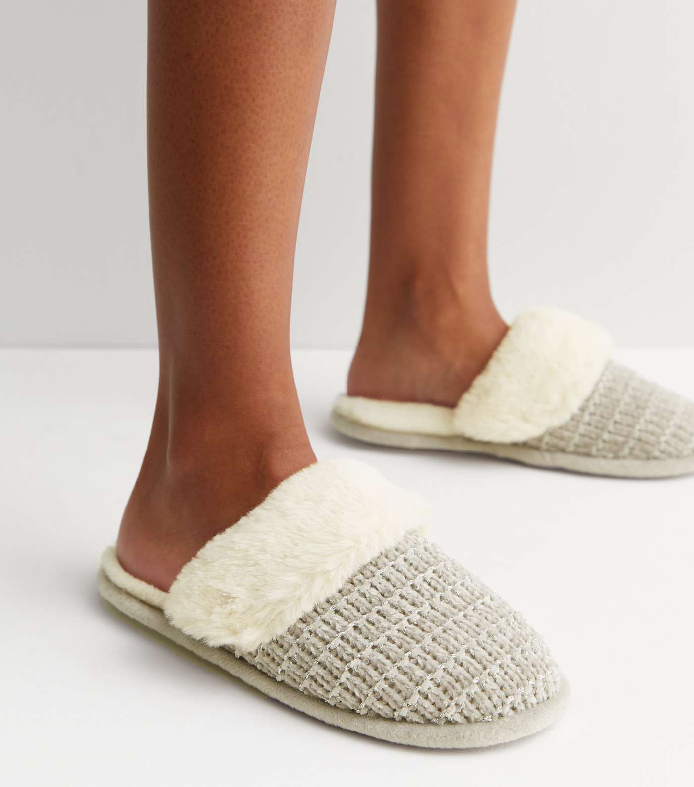 Grey Chenille Faux Fur Lined Mule Slippers Image 2