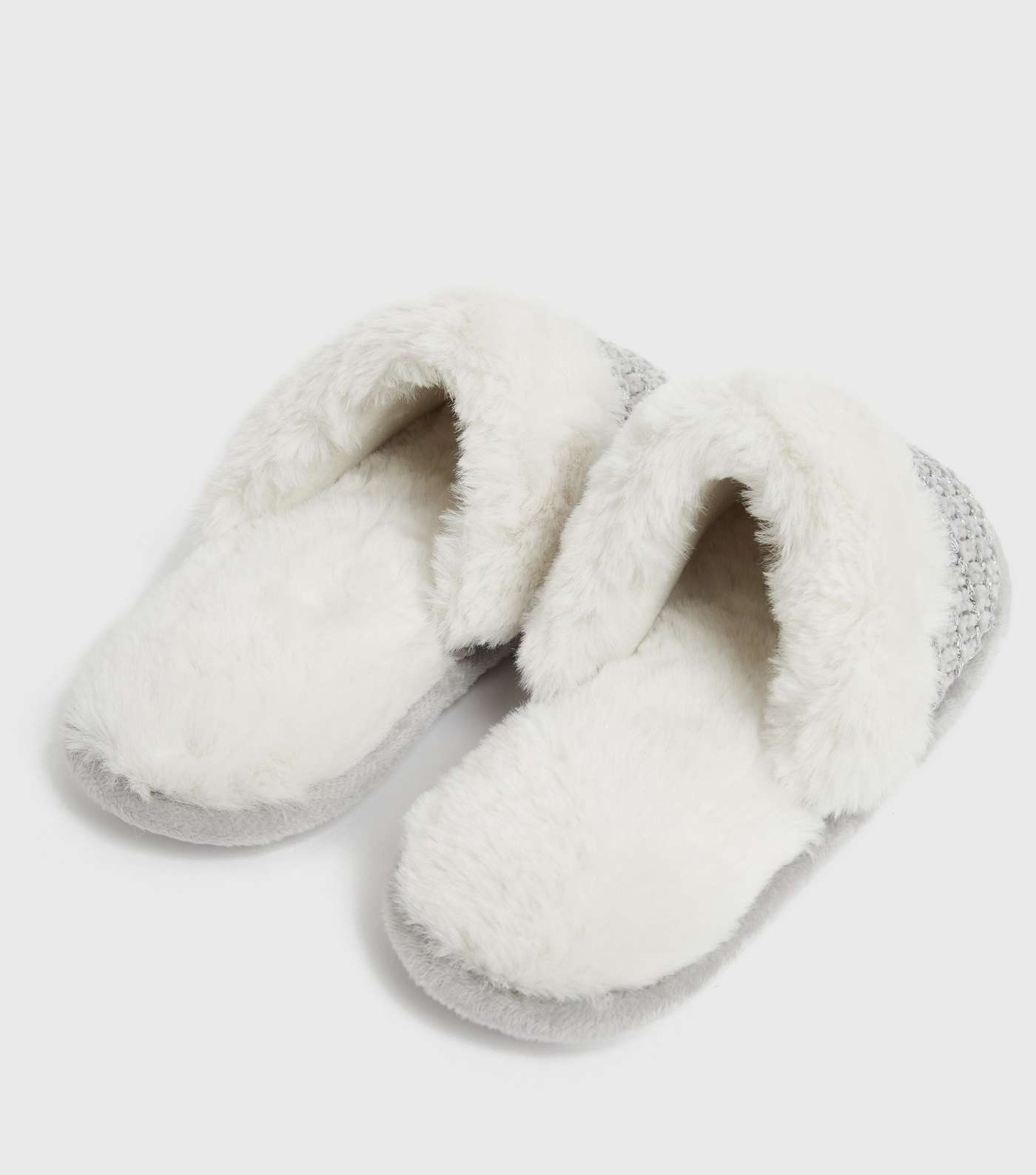 Grey Chenille Faux Fur Lined Mule Slippers Image 4
