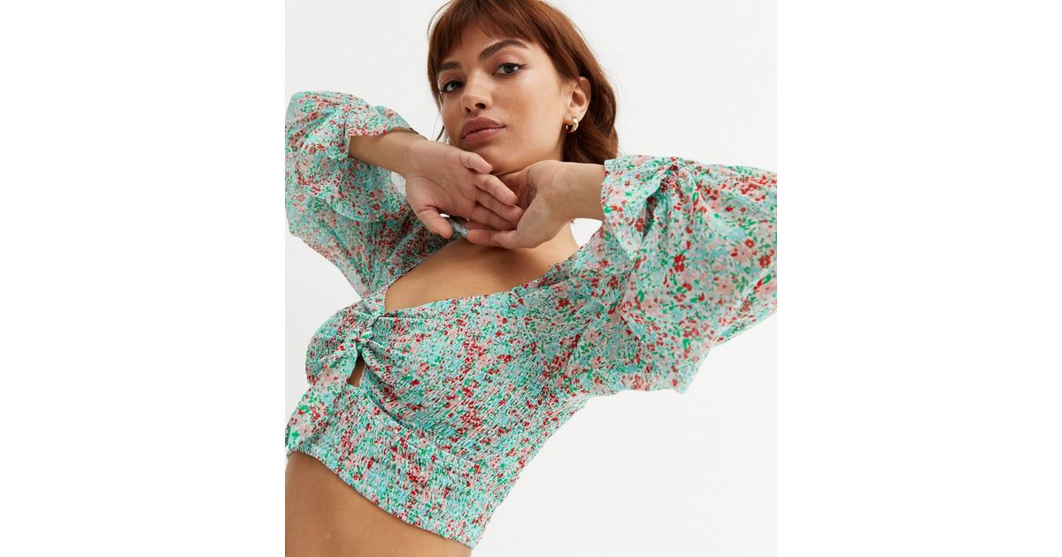 Blue Floral Chiffon Shirred Tie Front Crop Top | New Look