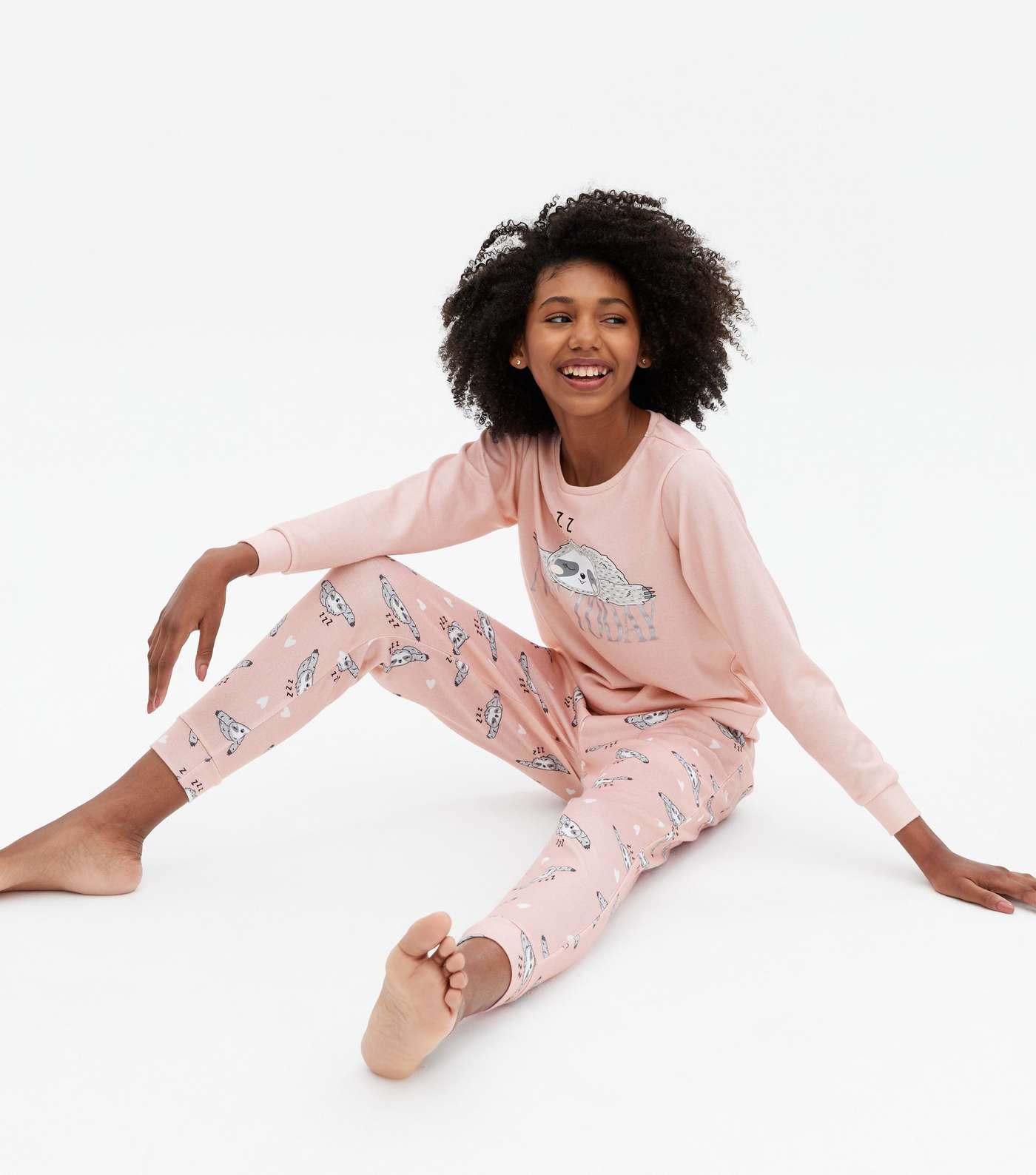 Girls Pink Brushed Jogger Pyjama Set with Sloth Print Image 2