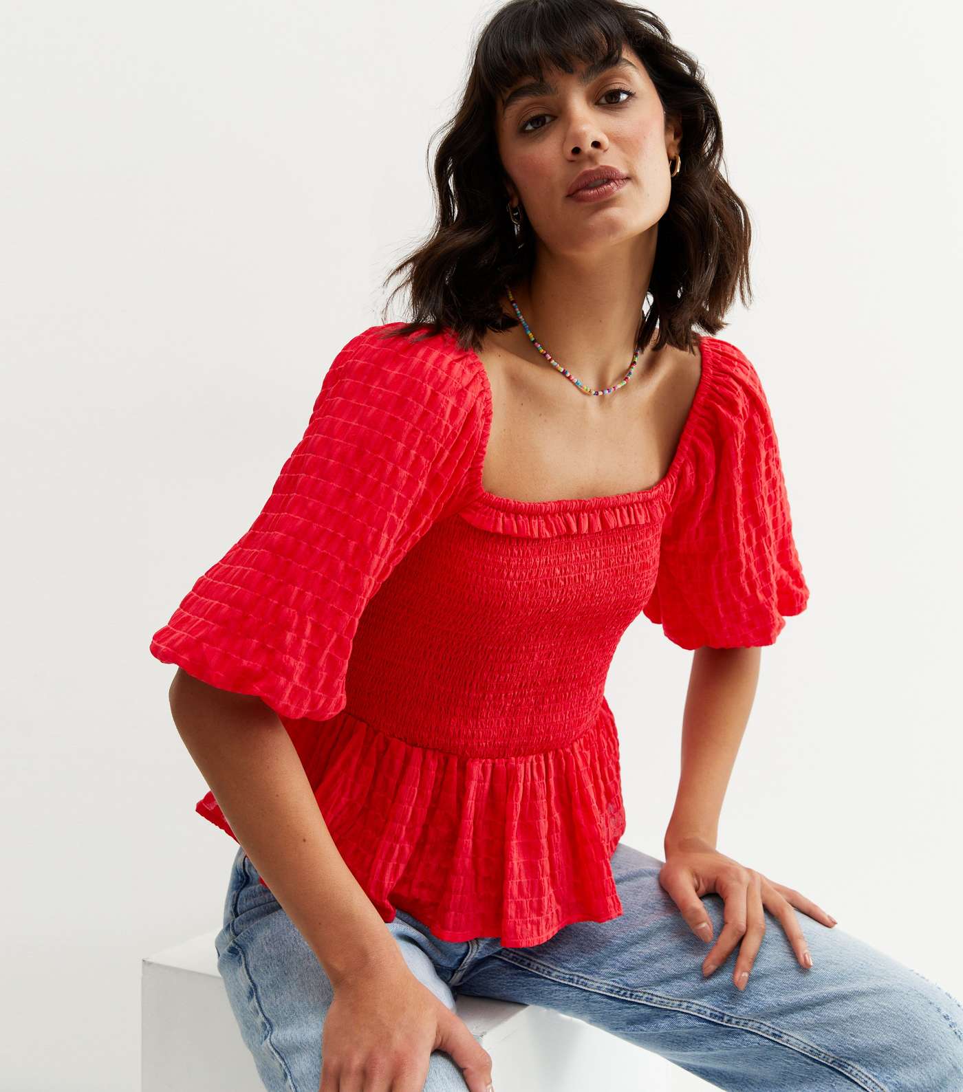 Red Shirred Square Neck Peplum Top