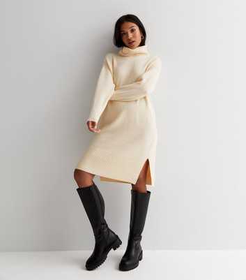 Petite Cream Knit Roll Neck Long Sleeve Midi Dress