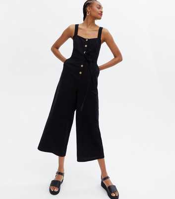 Tall Black Button Belted Crop Jumpsuit