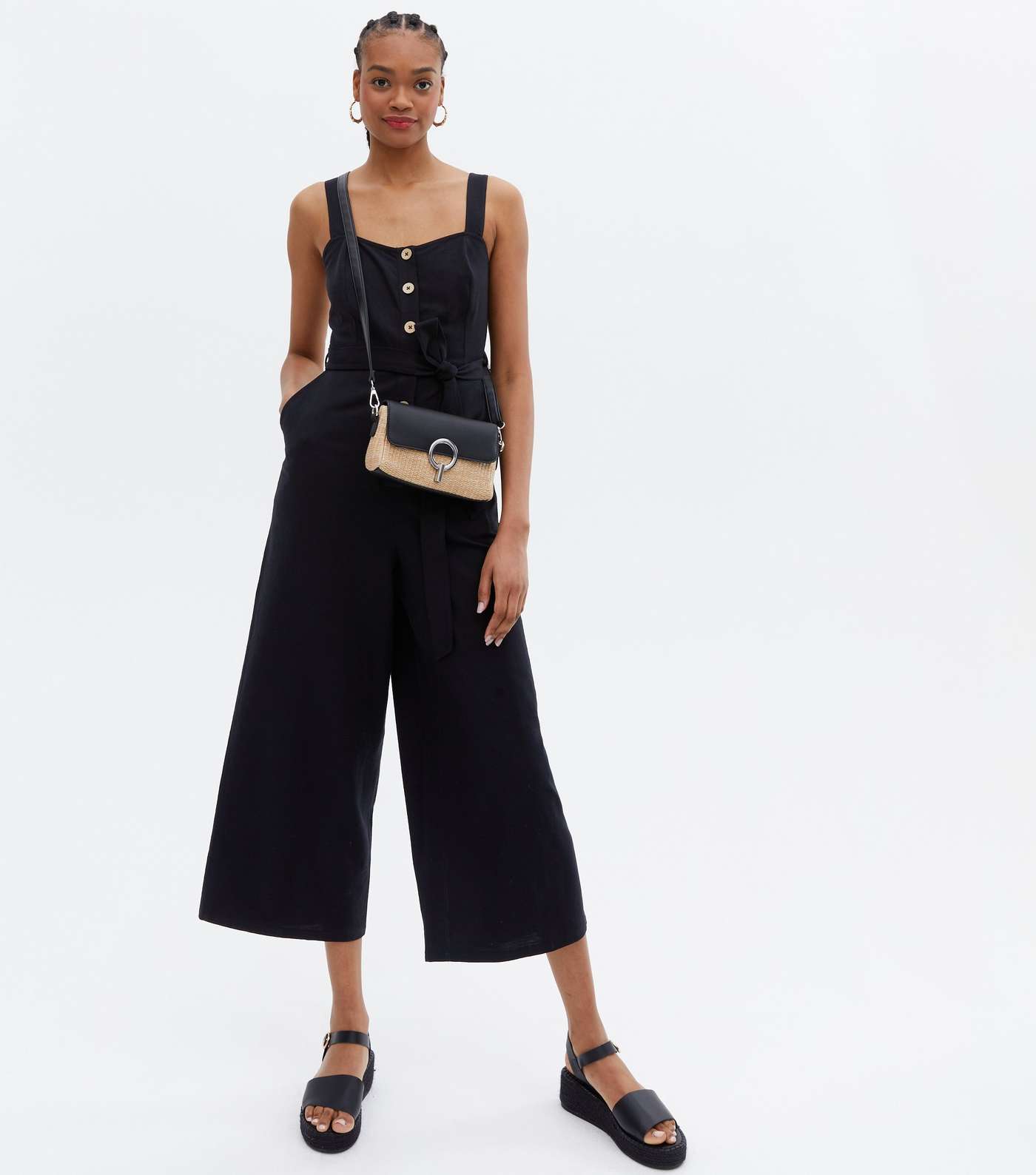 Tall Black Button Belted Crop Jumpsuit Image 2