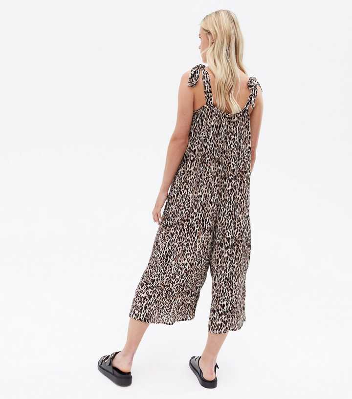Petite Brown Leopard Print Tie Strap Oversized Jumpsuit