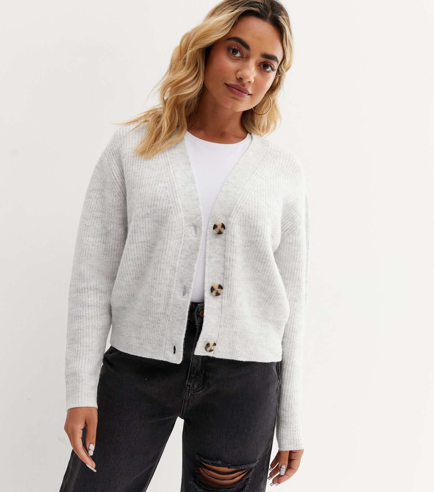 Petite Pale Grey Ribbed Knit Button Cardigan Image 2