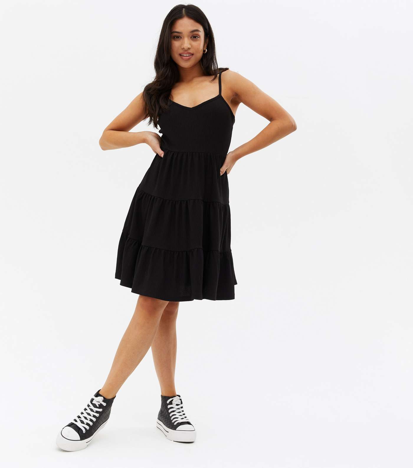 Petite Black Textured Strappy Mini Dress Image 2