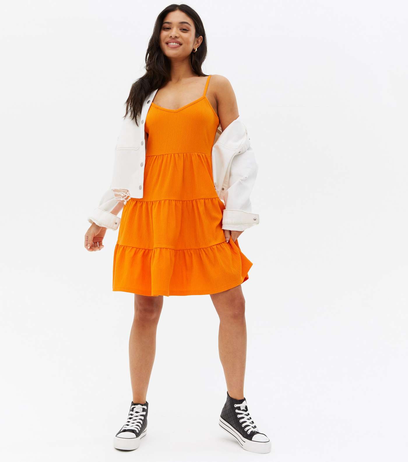 Petite Bright Orange Textured Strappy Mini Dress Image 2