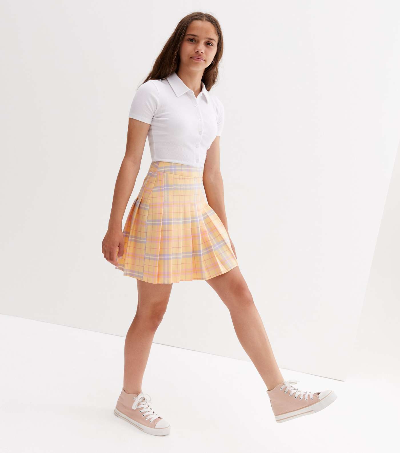 Girls Orange Check Pleated Mini Tennis Skirt