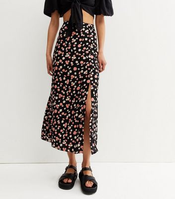 Tall Black Floral Split Midi Skirt New Look