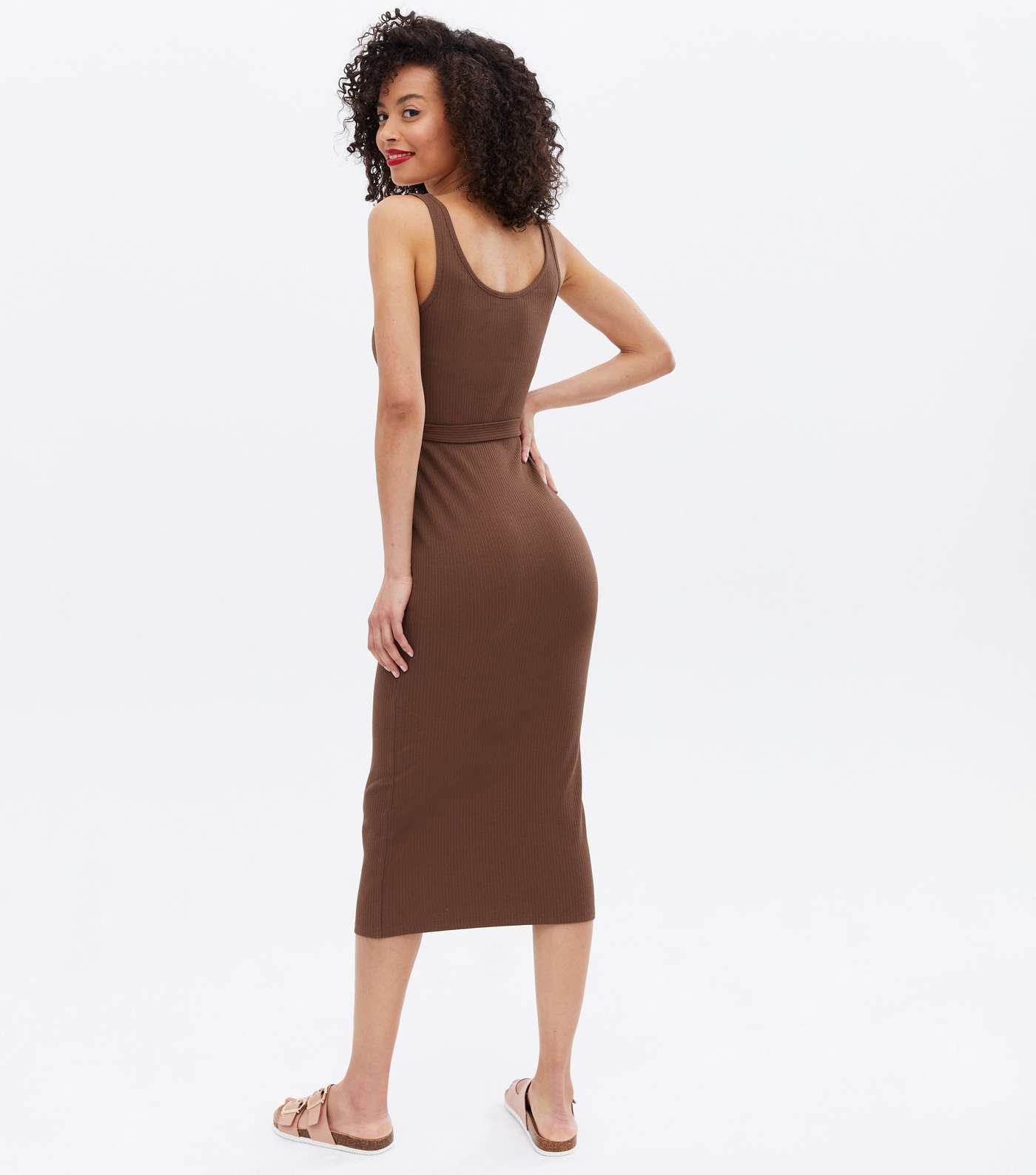Tall Brown Ribbed Belted Midi Dress Image 4