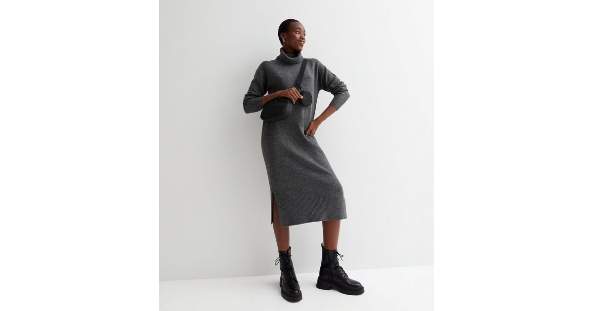 Tall Dark Grey Knit Roll Neck Midi Dress New Look