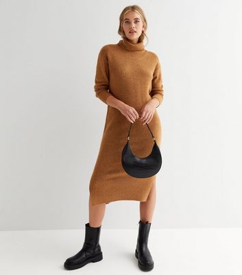 Tall Dark Brown Knit Roll Neck Midi Dress | New Look