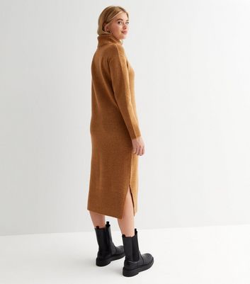 Tall Dark Brown Knit Roll Neck Midi Dress | New Look