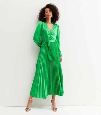 Tall Green Satin Ruched Pleated Belted Midi Dress