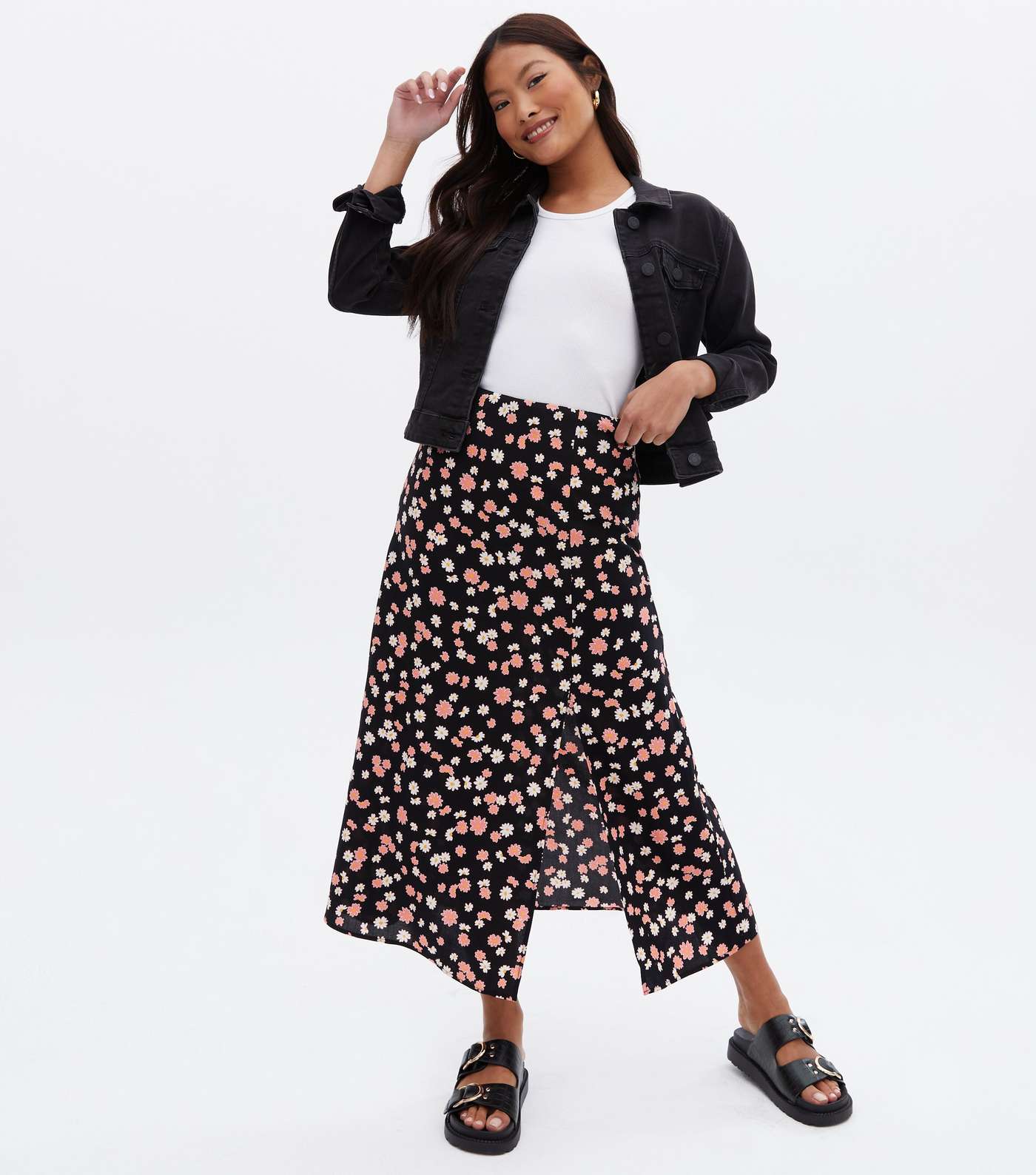 Petite Black Floral Split Midi Skirt